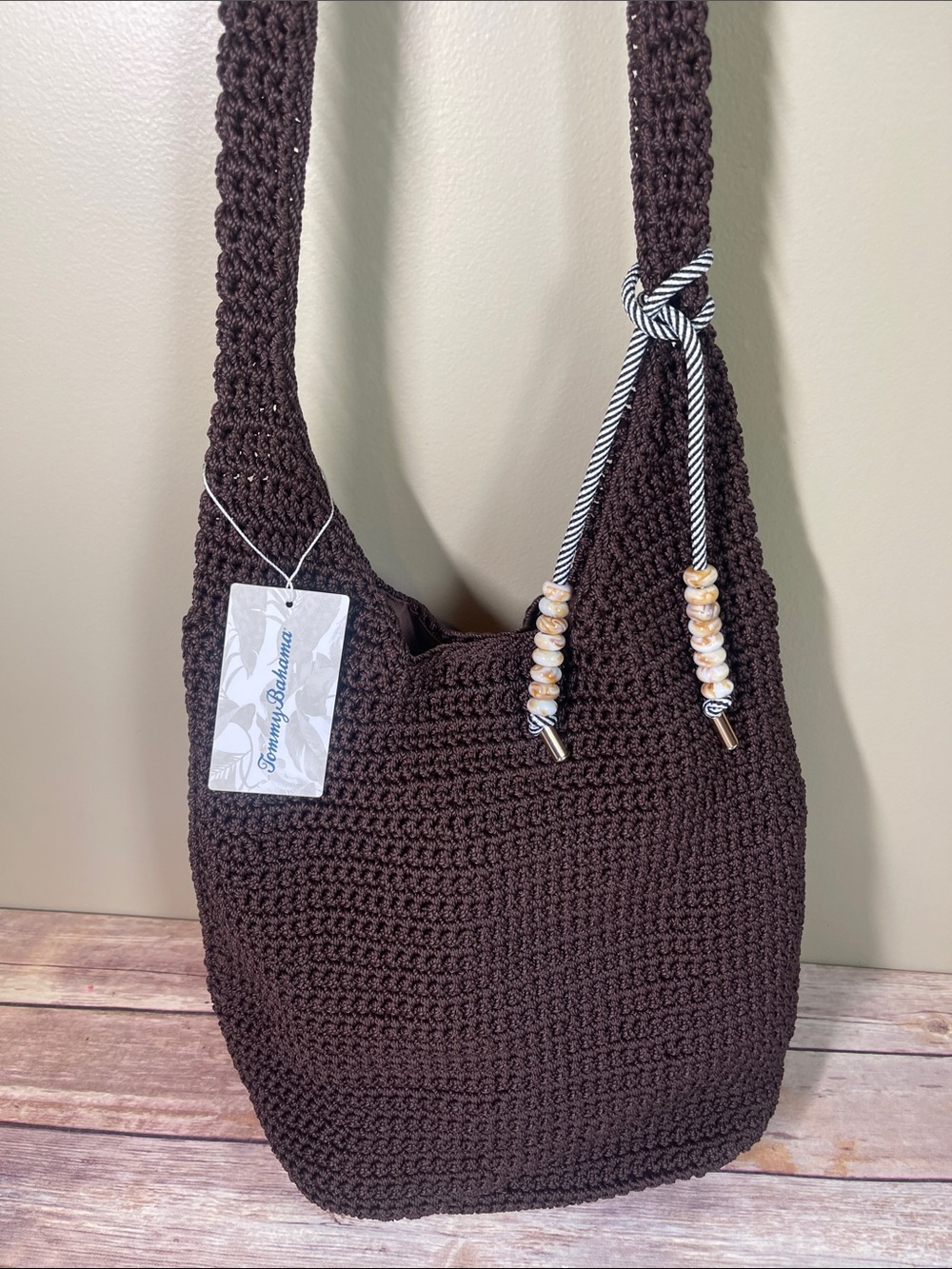 Tommy Bahama Dark Brown Crochet Shoulder Bag with Beaded accent charm - Picture 8 of 9